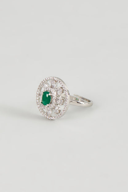 White Finish Zircon & Green Stone Ring