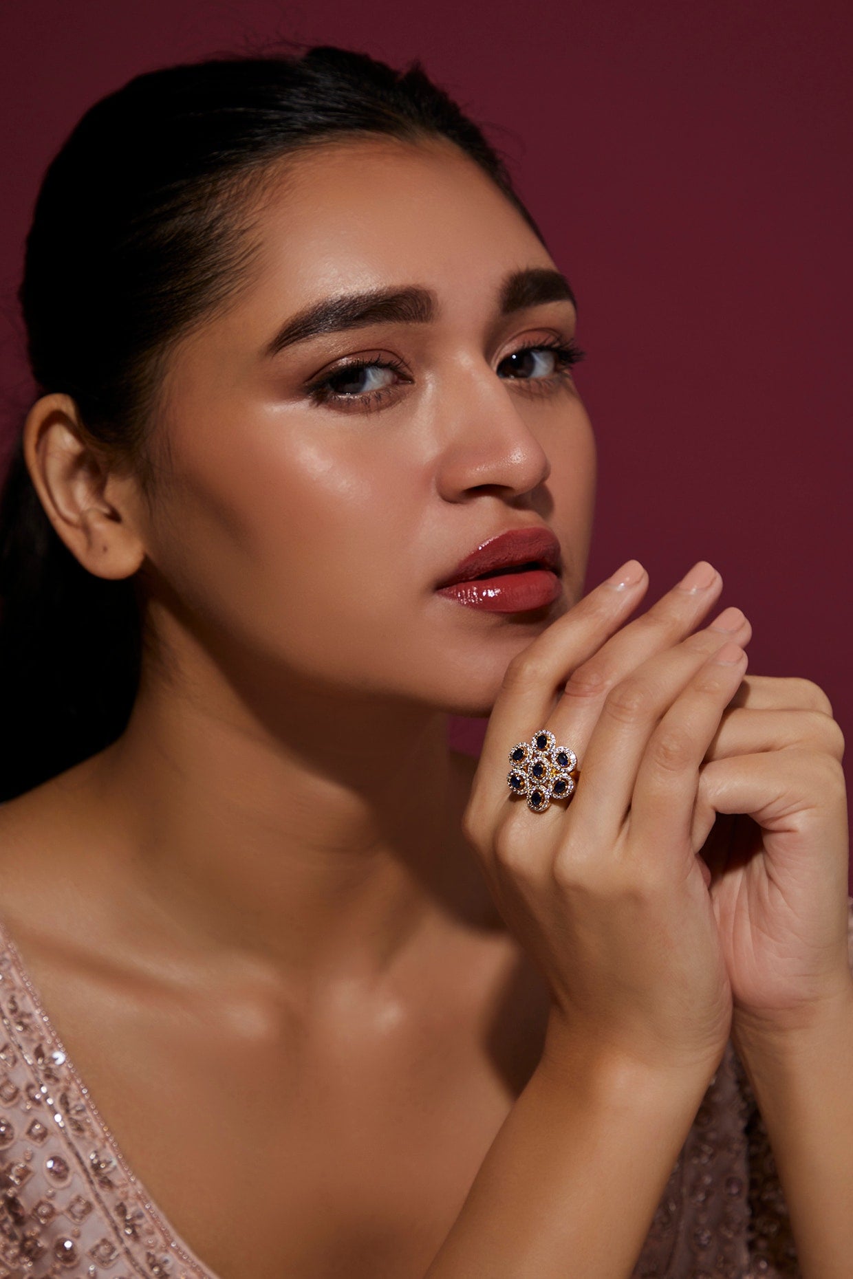 Gold Finish Zircon & Blue Stone Ring