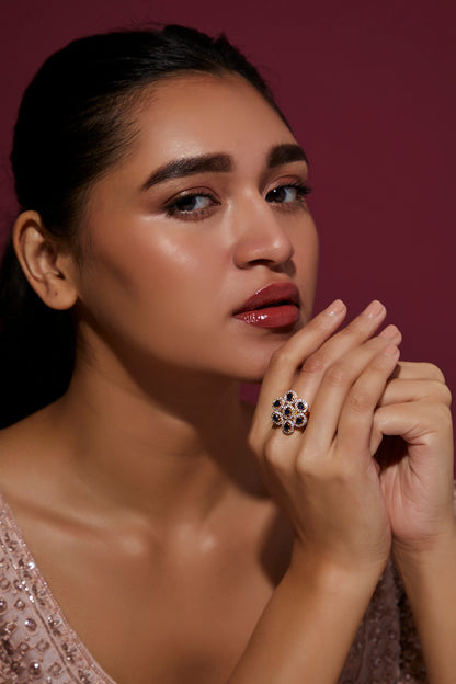 Gold Finish Zircon & Blue Stone Ring