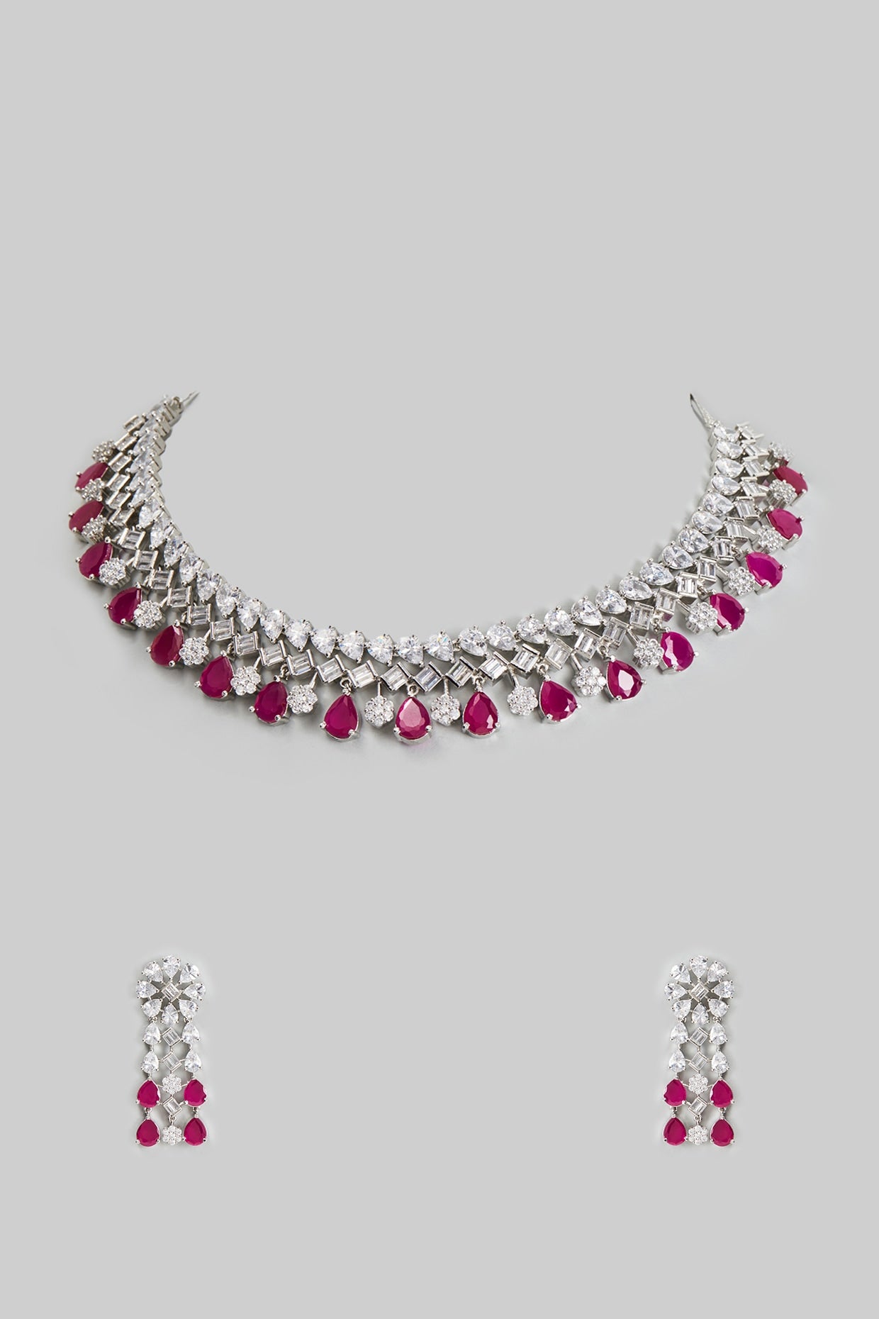 White Finish Zircon & Synthetic Ruby Necklace Set