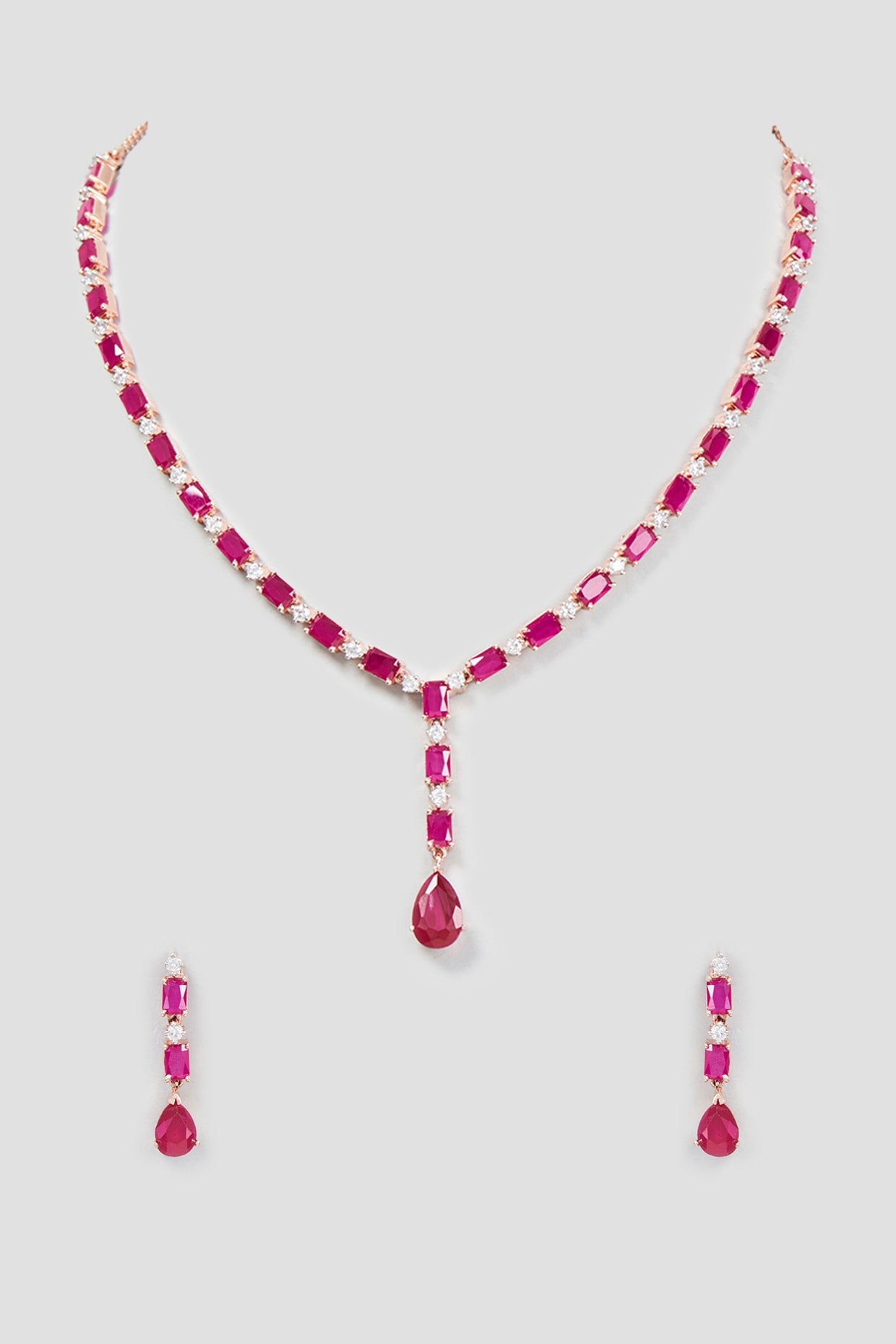 Rose Gold Finish Zircon & Synthetic Ruby Stone Necklace Set