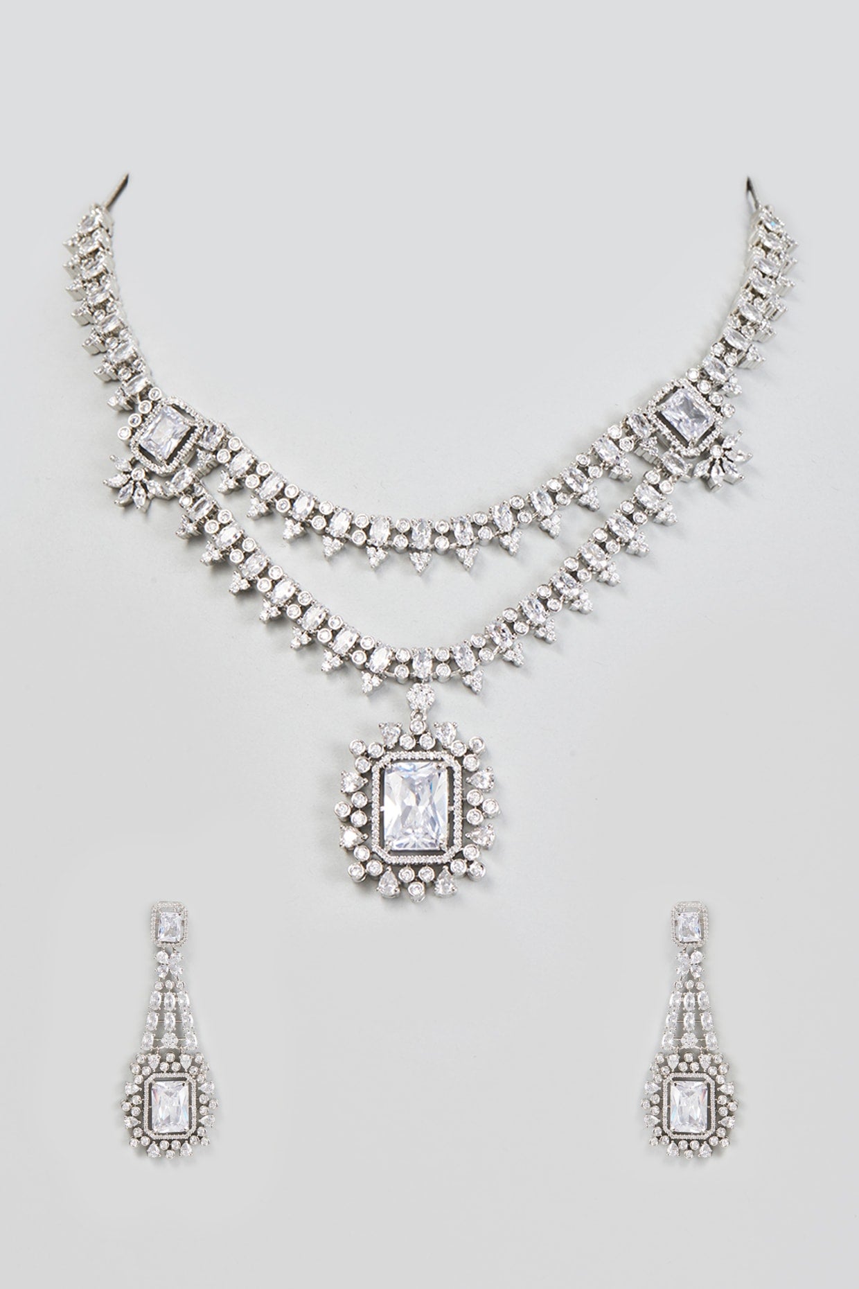 White Finish Faux Diamond Layered Necklace Set