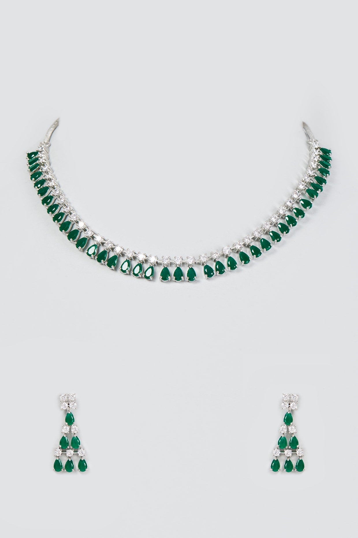 White Finish Faux Diamond & Green Stone Necklace Set