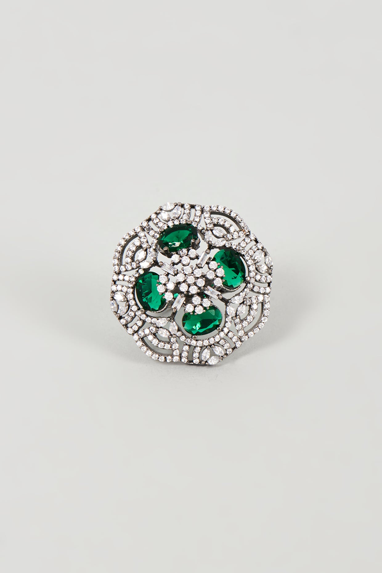 White Finish Faux Diamond & Green Synthetic Stone Ring