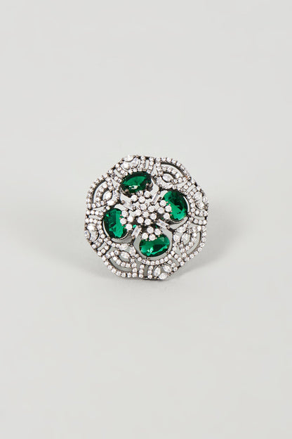 White Finish Faux Diamond & Green Synthetic Stone Ring