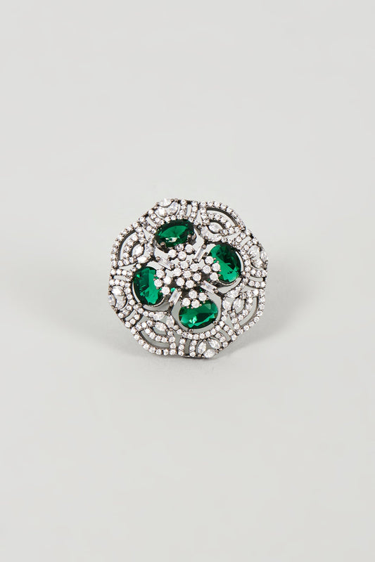 White Finish Faux Diamond & Green Synthetic Stone Ring