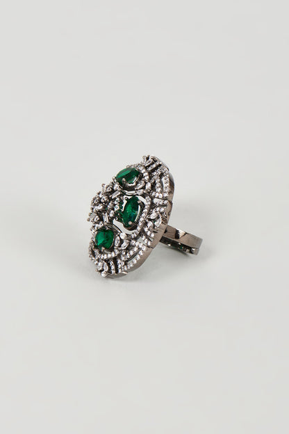 White Finish Faux Diamond & Green Synthetic Stone Ring