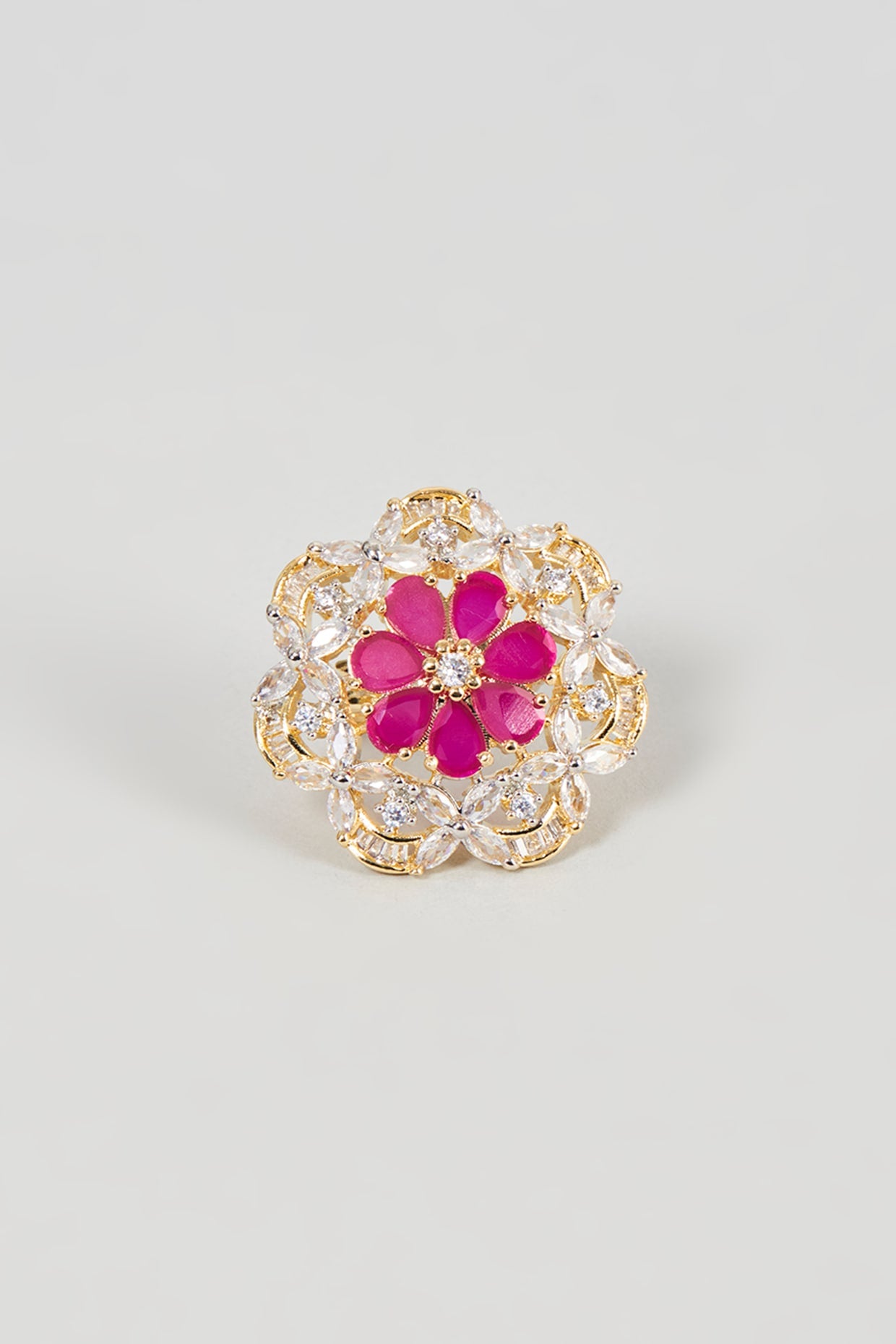 Gold Finish Faux Diamond & Ruby Synthetic Stone Ring