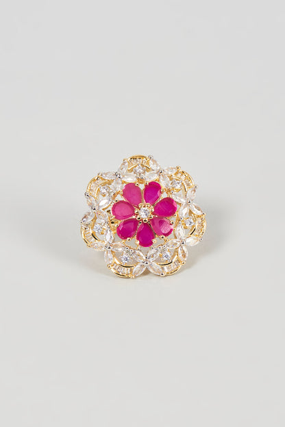 Gold Finish Faux Diamond & Ruby Synthetic Stone Ring