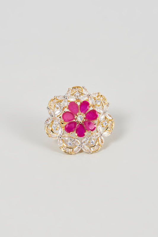Gold Finish Faux Diamond & Ruby Synthetic Stone Ring