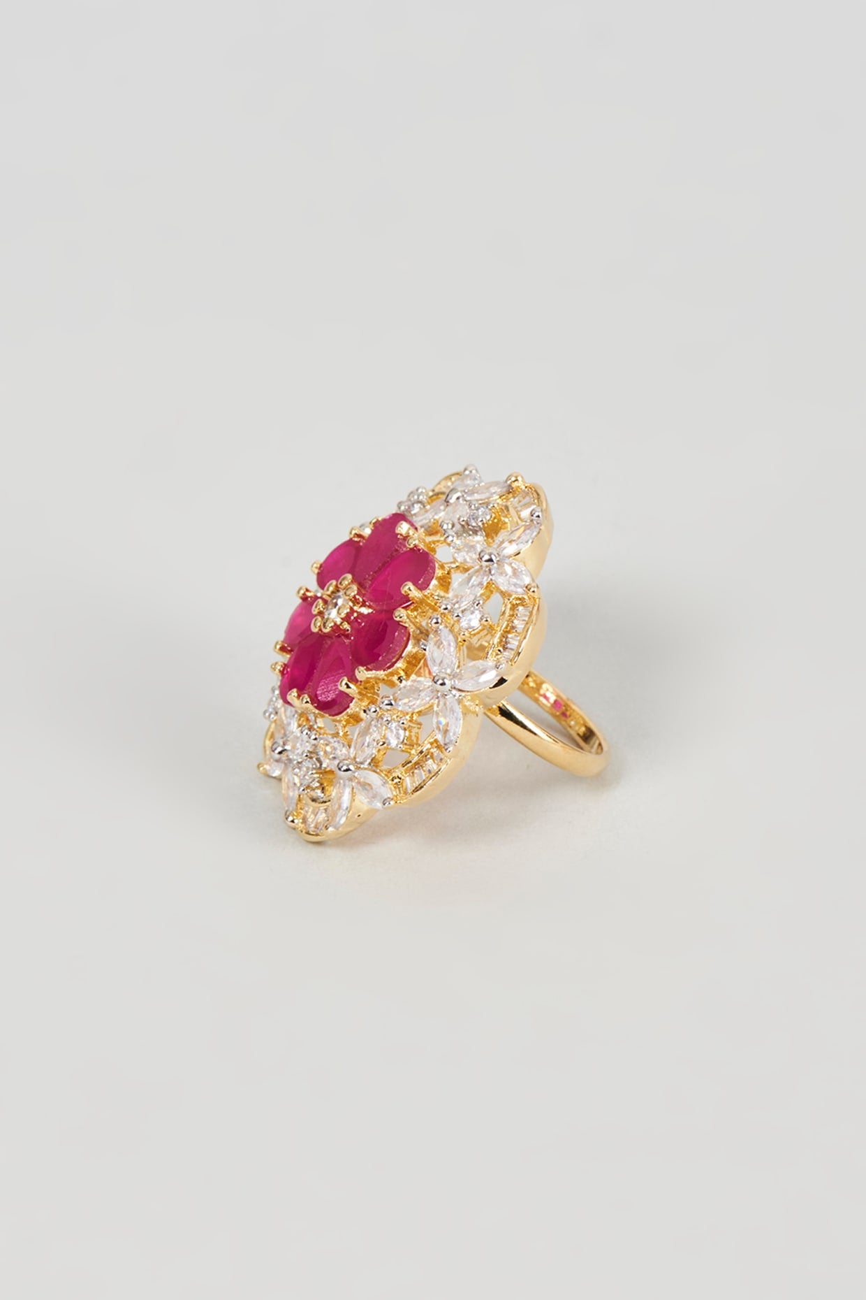 Gold Finish Faux Diamond & Ruby Synthetic Stone Ring