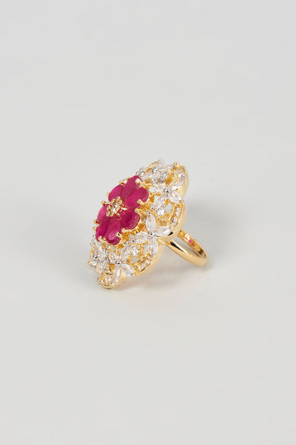Gold Finish Faux Diamond & Ruby Synthetic Stone Ring