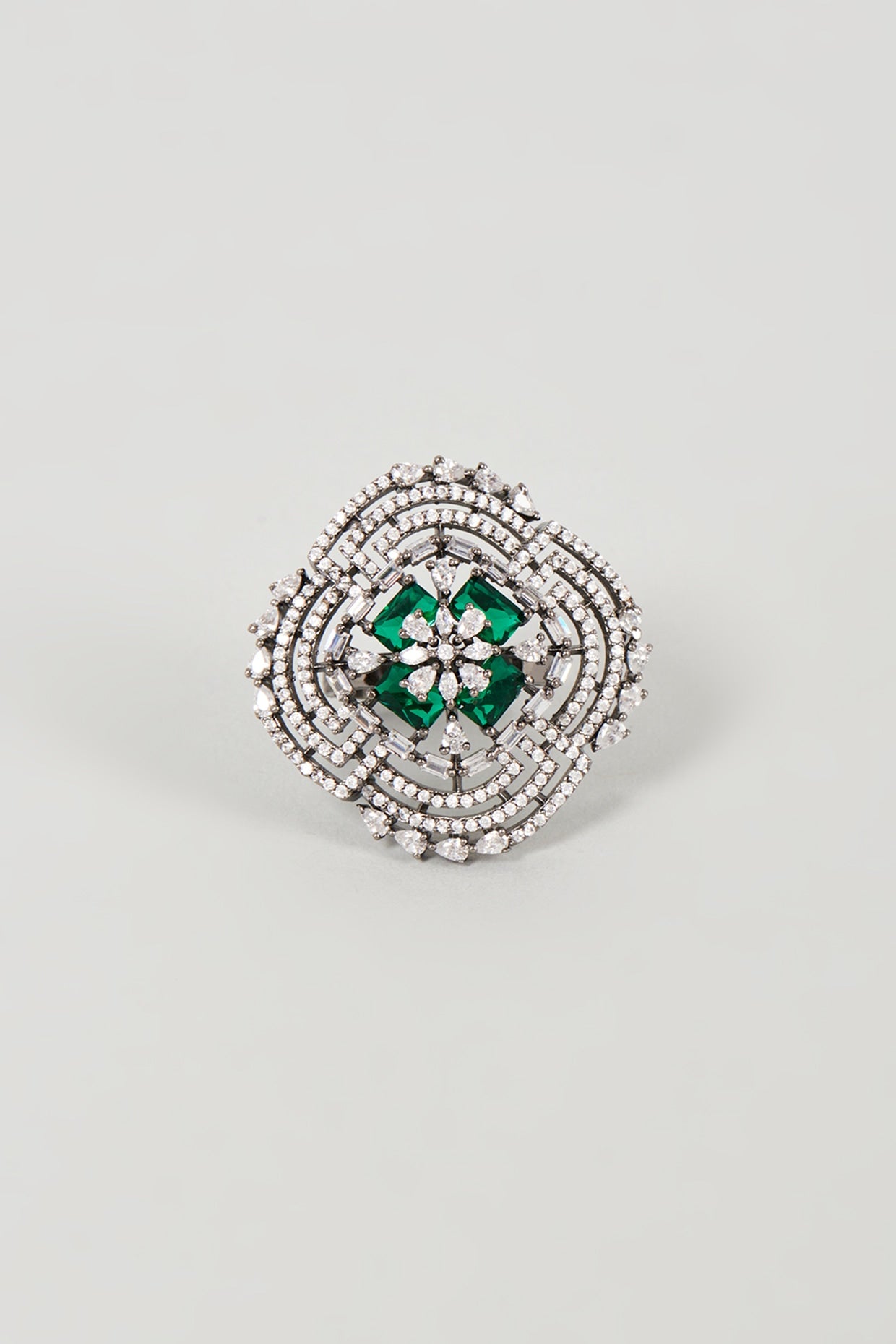 White Finish Faux Diamond & Green Synthetic Stone Ring