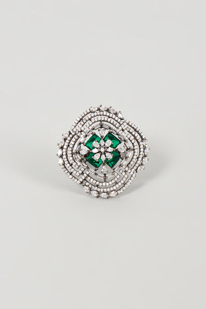 White Finish Faux Diamond & Green Synthetic Stone Ring