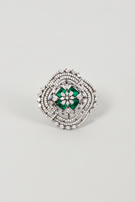 White Finish Faux Diamond & Green Synthetic Stone Ring
