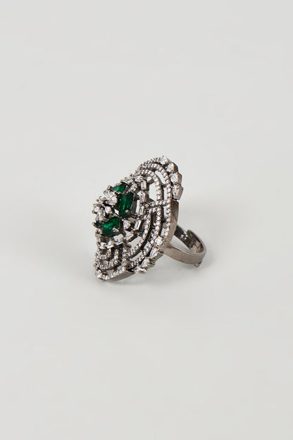 White Finish Faux Diamond & Green Synthetic Stone Ring