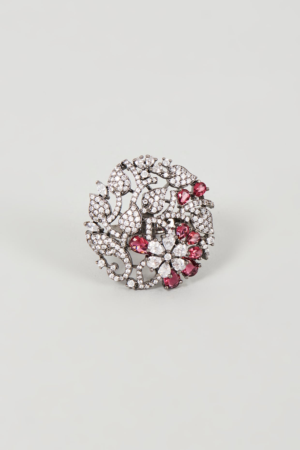 Black Rhodium Finish Faux Diamond & Ruby Synthetic Stone Ring
