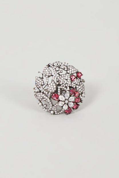Black Rhodium Finish Faux Diamond & Ruby Synthetic Stone Ring