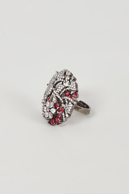 Black Rhodium Finish Faux Diamond & Ruby Synthetic Stone Ring