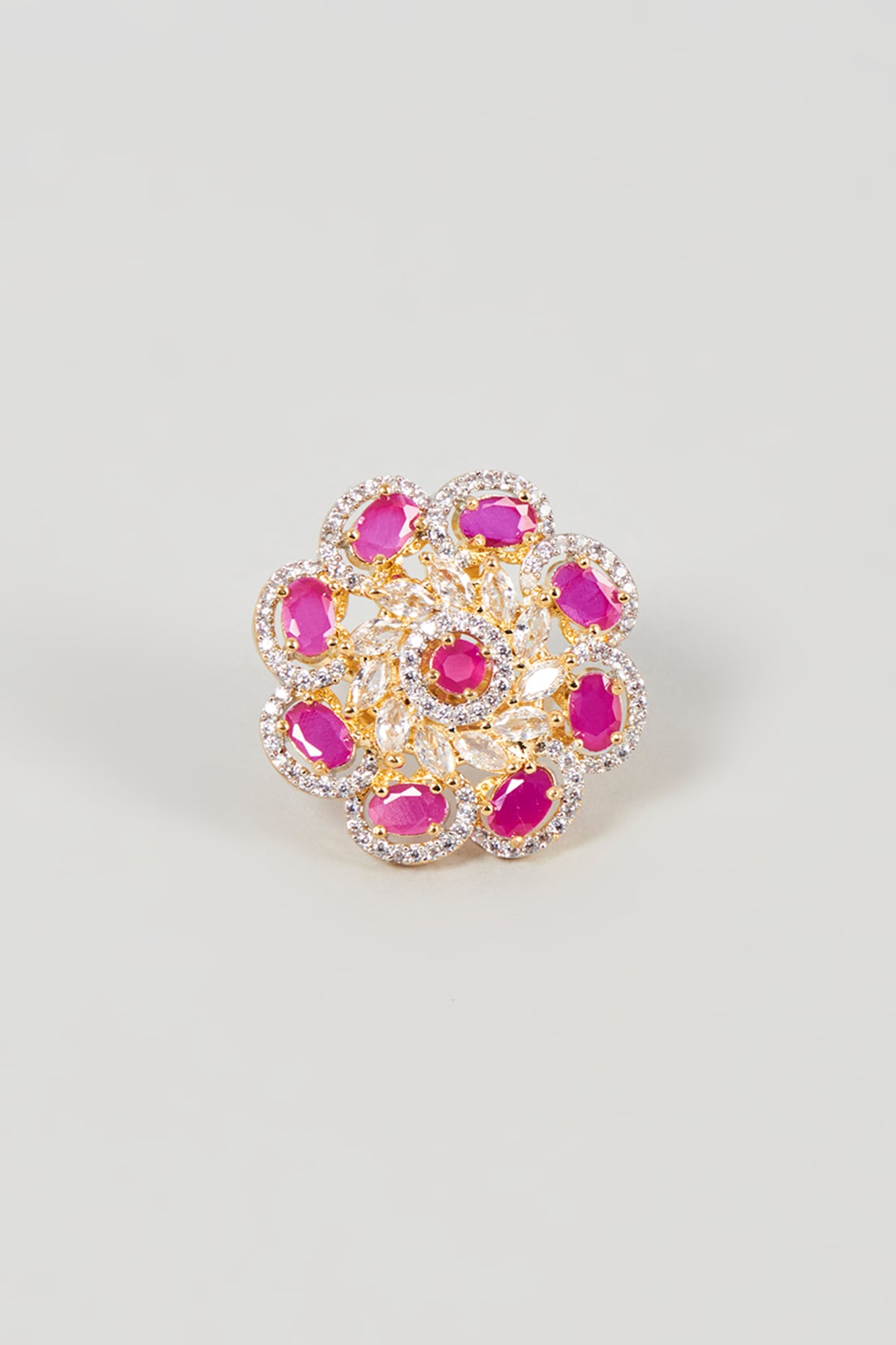 Gold Finish Faux Diamond & Ruby Synthetic Stone Ring