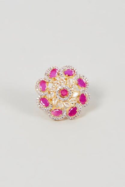 Gold Finish Faux Diamond & Ruby Synthetic Stone Ring