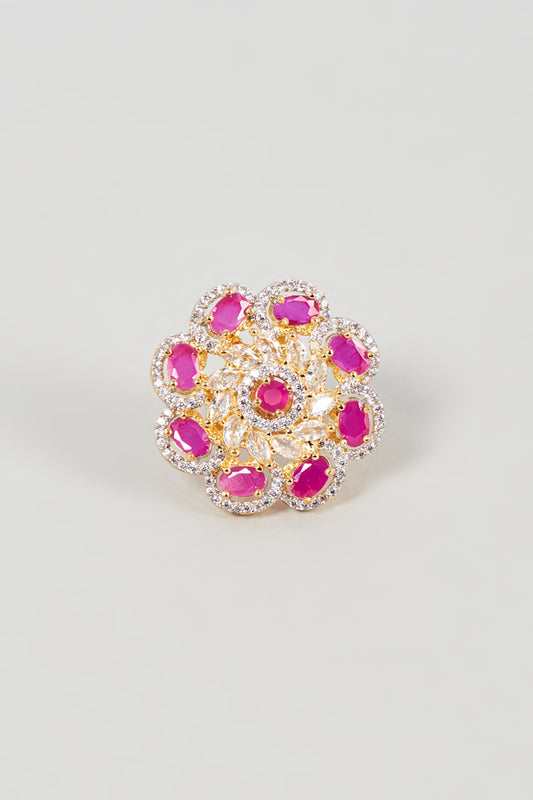 Gold Finish Faux Diamond & Ruby Synthetic Stone Ring