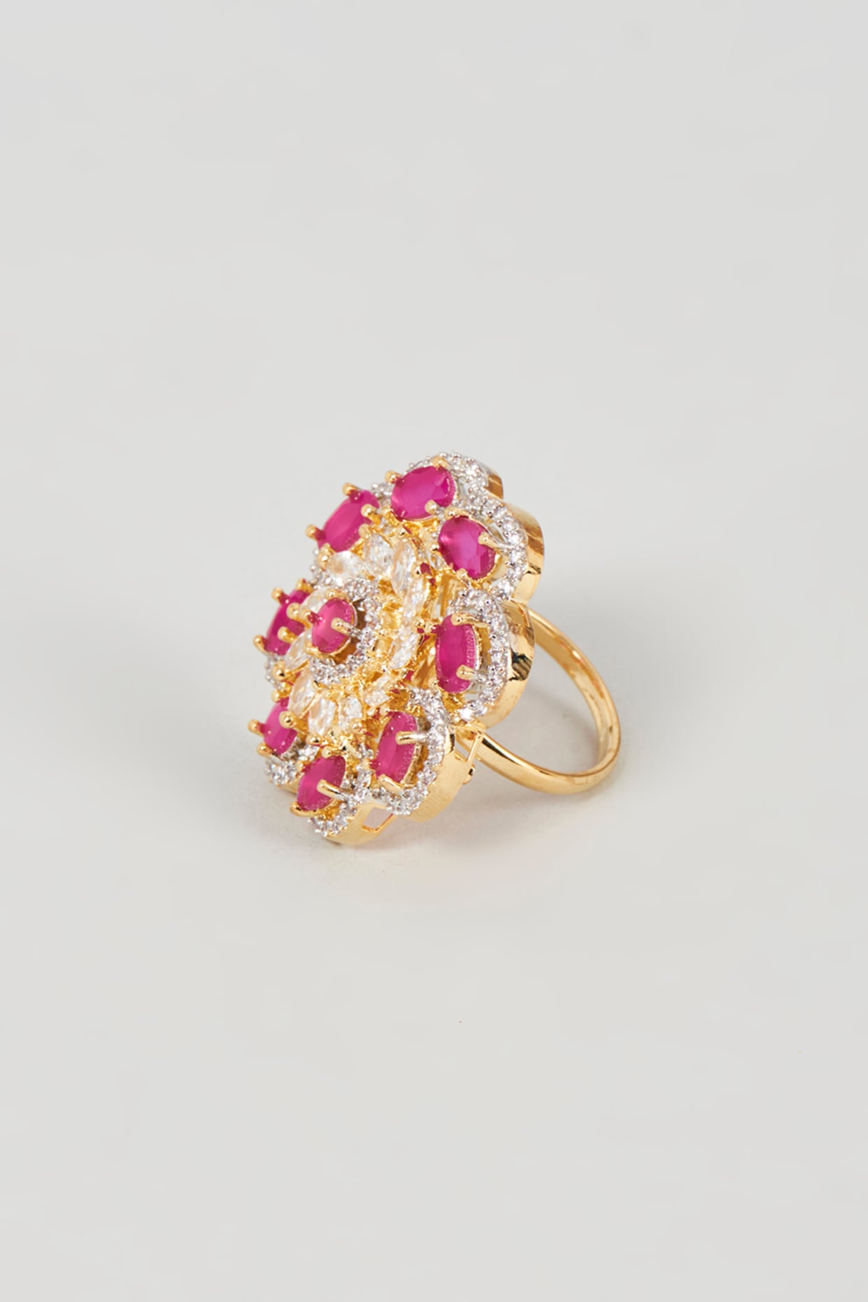 Gold Finish Faux Diamond & Ruby Synthetic Stone Ring
