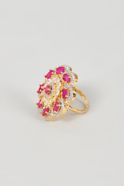 Gold Finish Faux Diamond & Ruby Synthetic Stone Ring