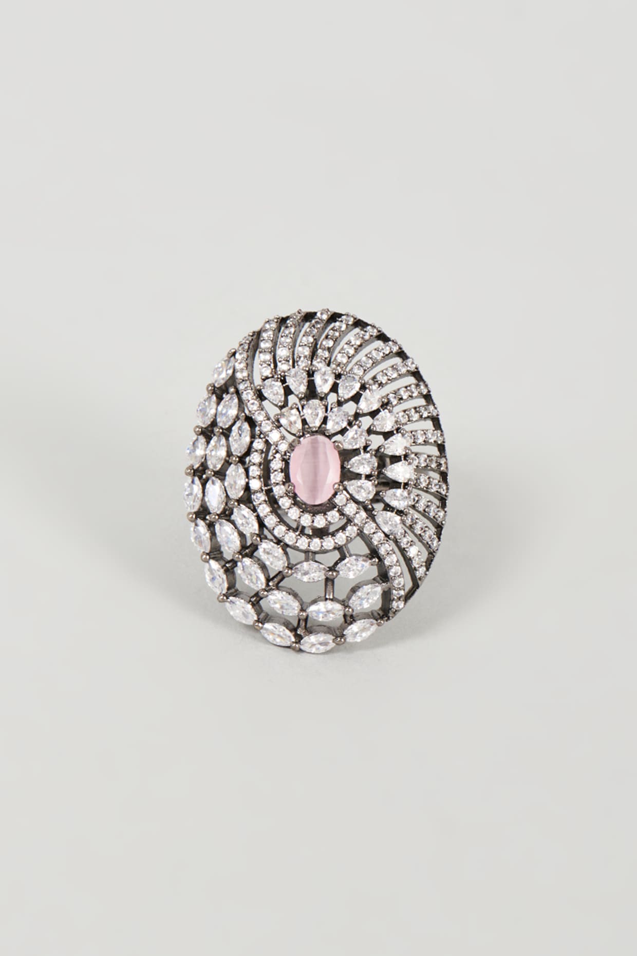 Black Rhodium Finish White & Pink Faux Diamond Ring