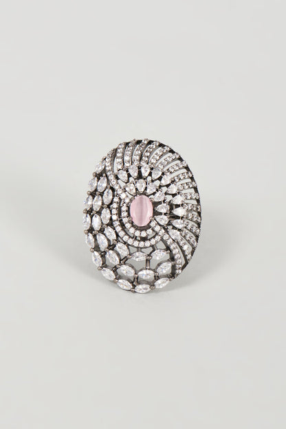 Black Rhodium Finish White & Pink Faux Diamond Ring