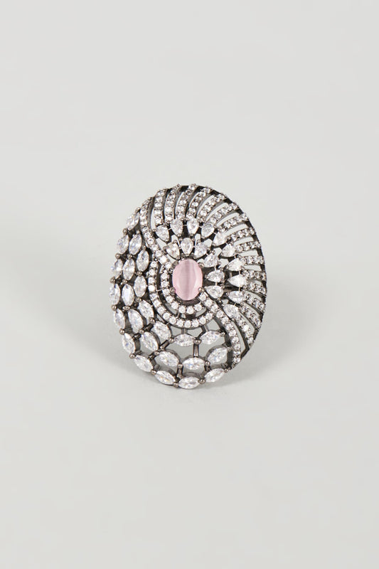Black Rhodium Finish White & Pink Faux Diamond Ring