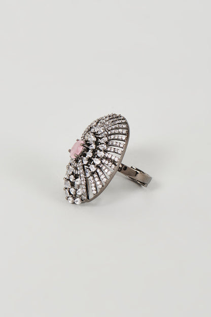 Black Rhodium Finish White & Pink Faux Diamond Ring