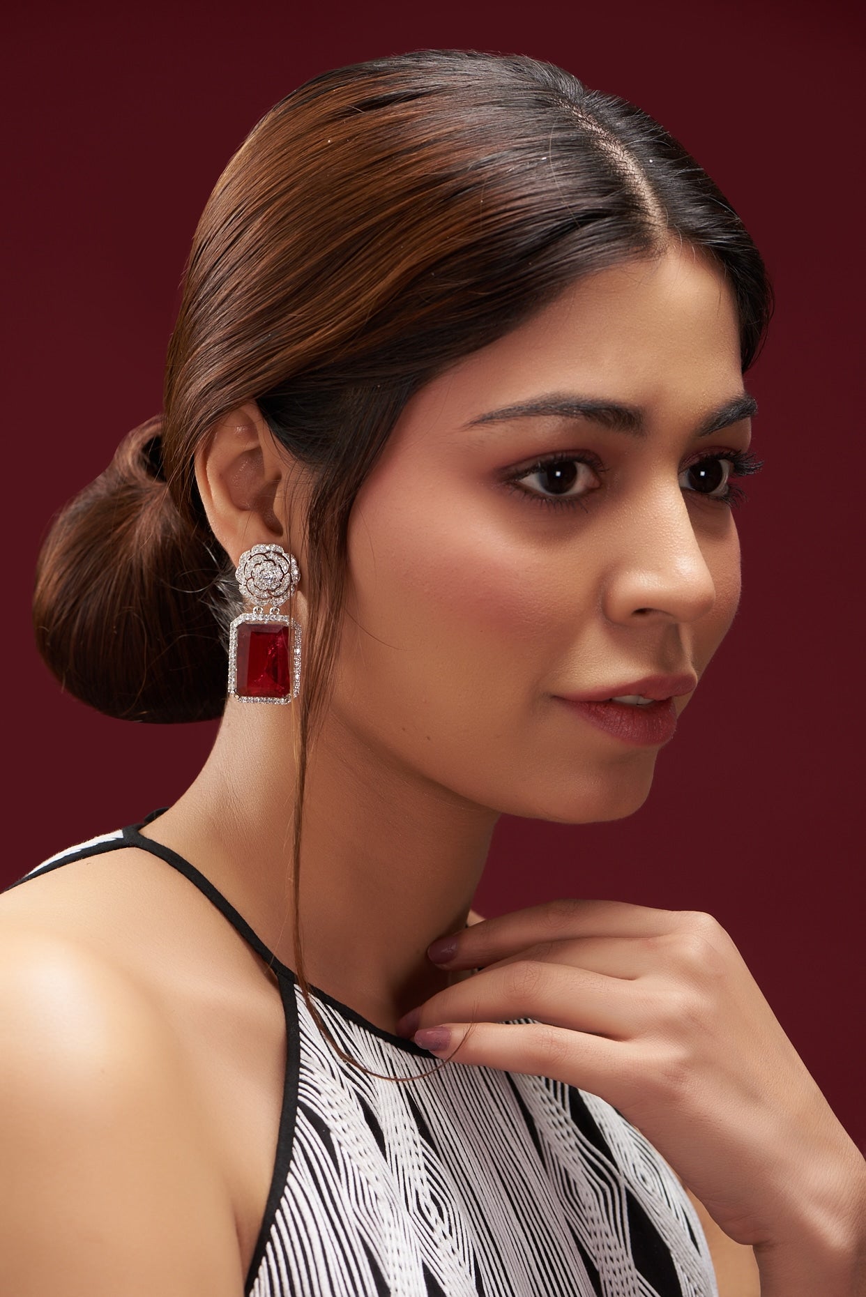 White Finish Faux Doublet Diamond & Ruby Dangler Earrings