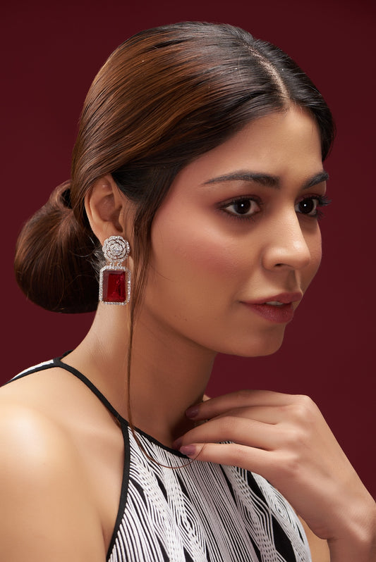 White Finish Faux Doublet Diamond & Ruby Dangler Earrings