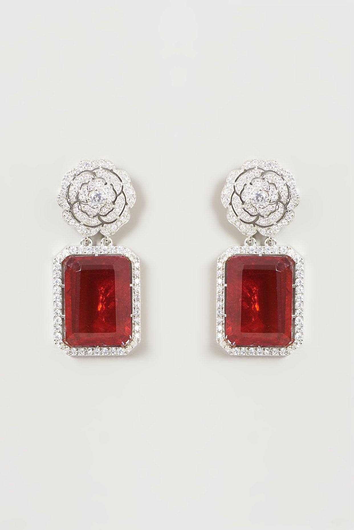 White Finish Faux Doublet Diamond & Ruby Dangler Earrings