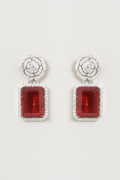 White Finish Faux Doublet Diamond & Ruby Dangler Earrings