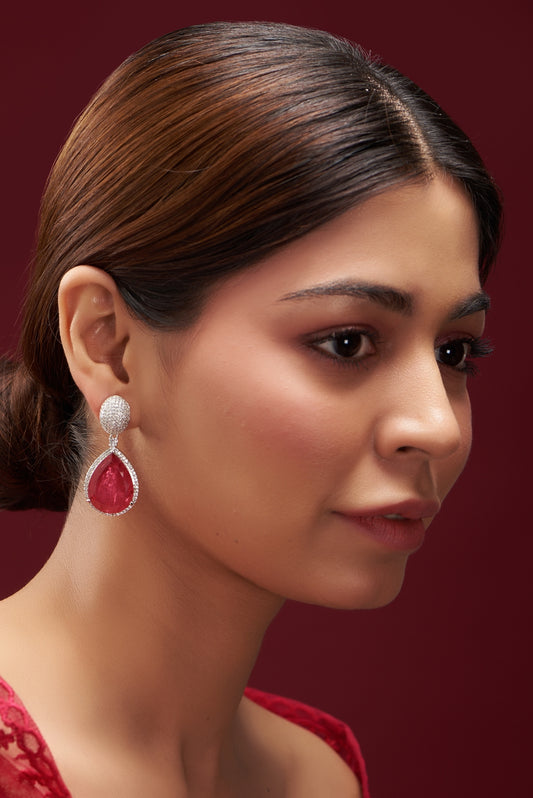 White Finish Faux Doublet Diamond & Ruby Dangler Earrings