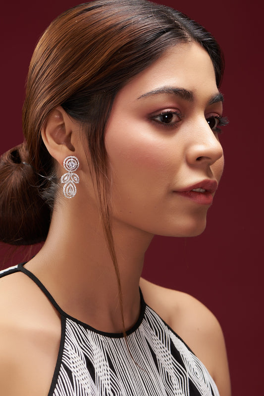 White Finish Faux Diamond Dangler Earrings
