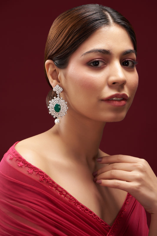 White Finish Faux Diamond & Emerald Dangler Earrings