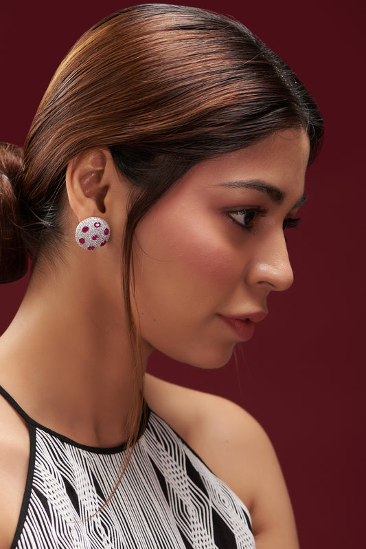 White Finish Faux Diamond & Ruby Stud Earrings