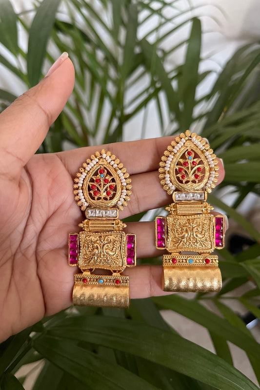 Gold Finish Ruby Synthetic Stone Dangler Earrings