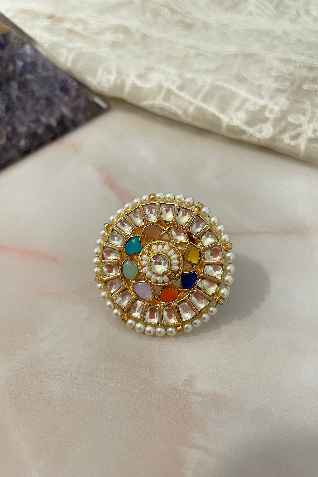 Gold Finish Kundan Polki & Pearl Openable Ring