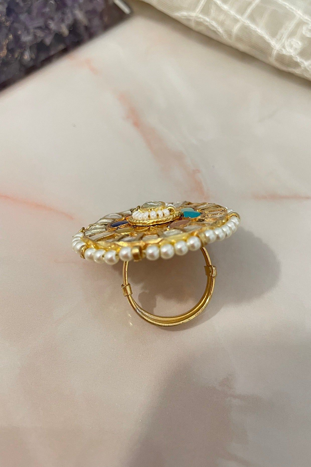 Gold Finish Kundan Polki & Pearl Openable Ring