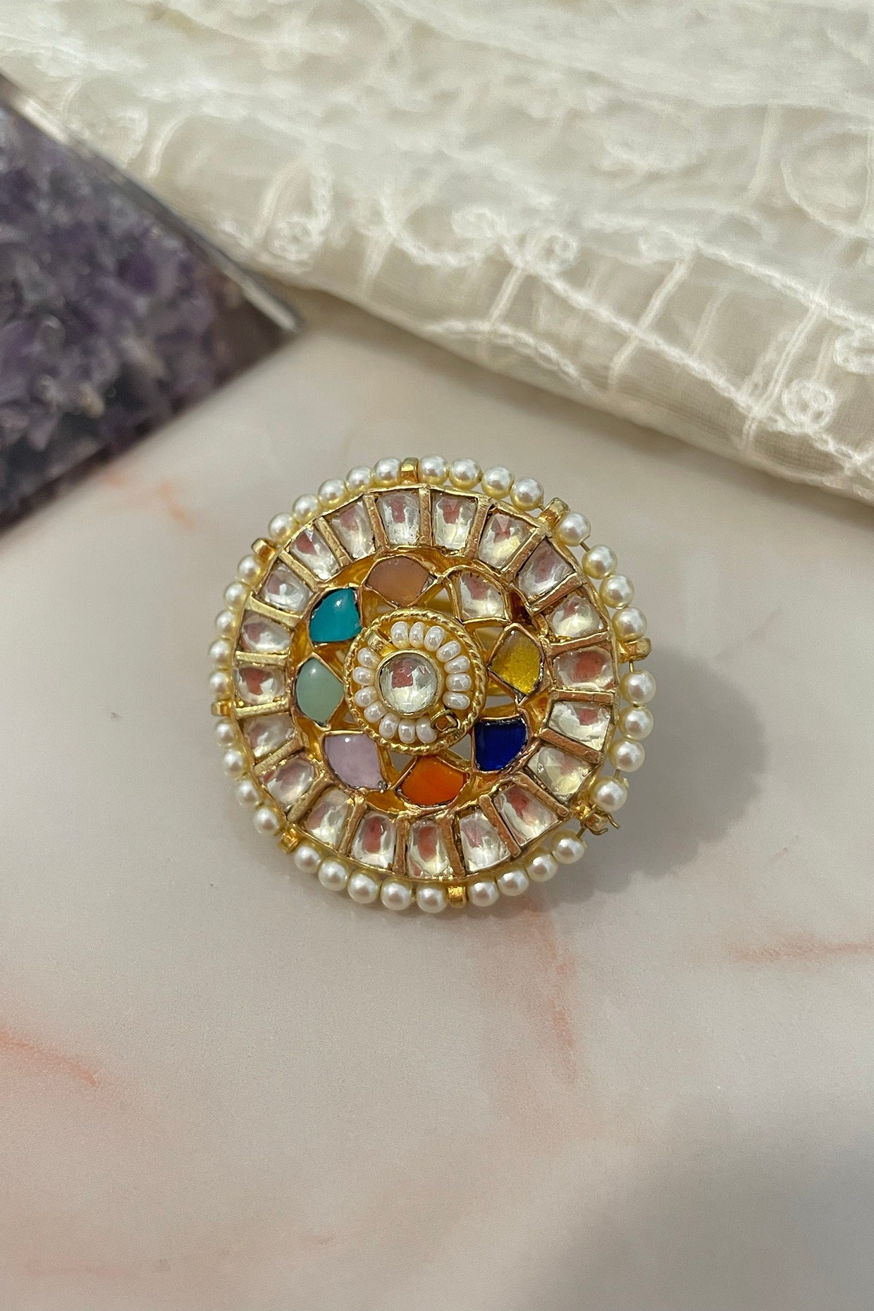 Gold Finish Kundan Polki & Pearl Openable Ring