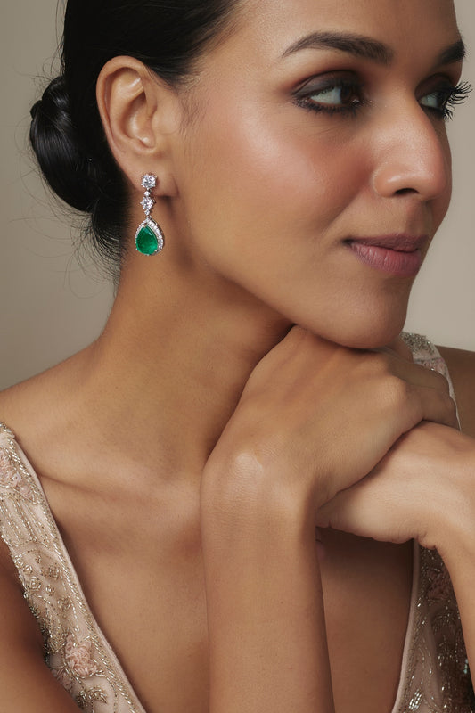 White Rhodium Finish Zirconia & Emerald Synthetic Stone Dangler Earrings In Sterling Silver