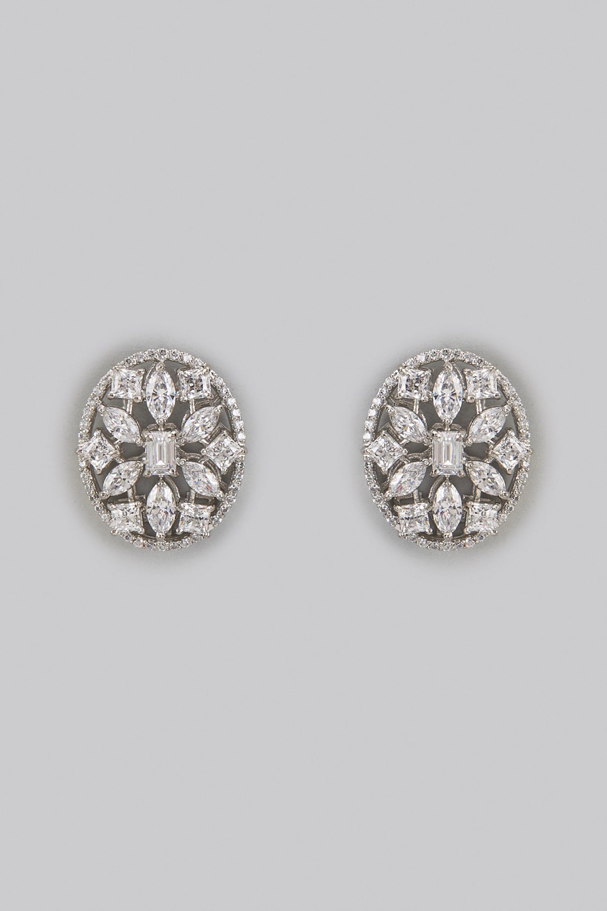 White Rhodium Finish Zircon Floral Stud Earrings In Sterling Silver