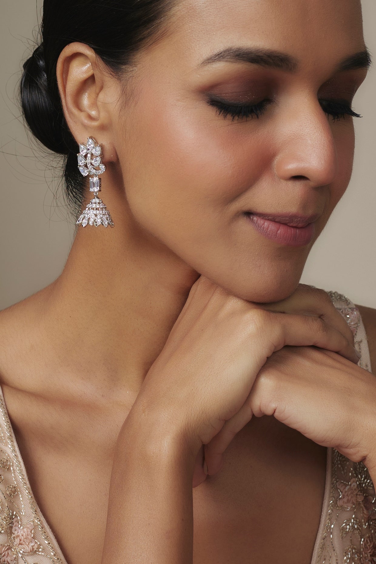 White Rhodium Finish Zircon Jhumka Earrings In Sterling Silver