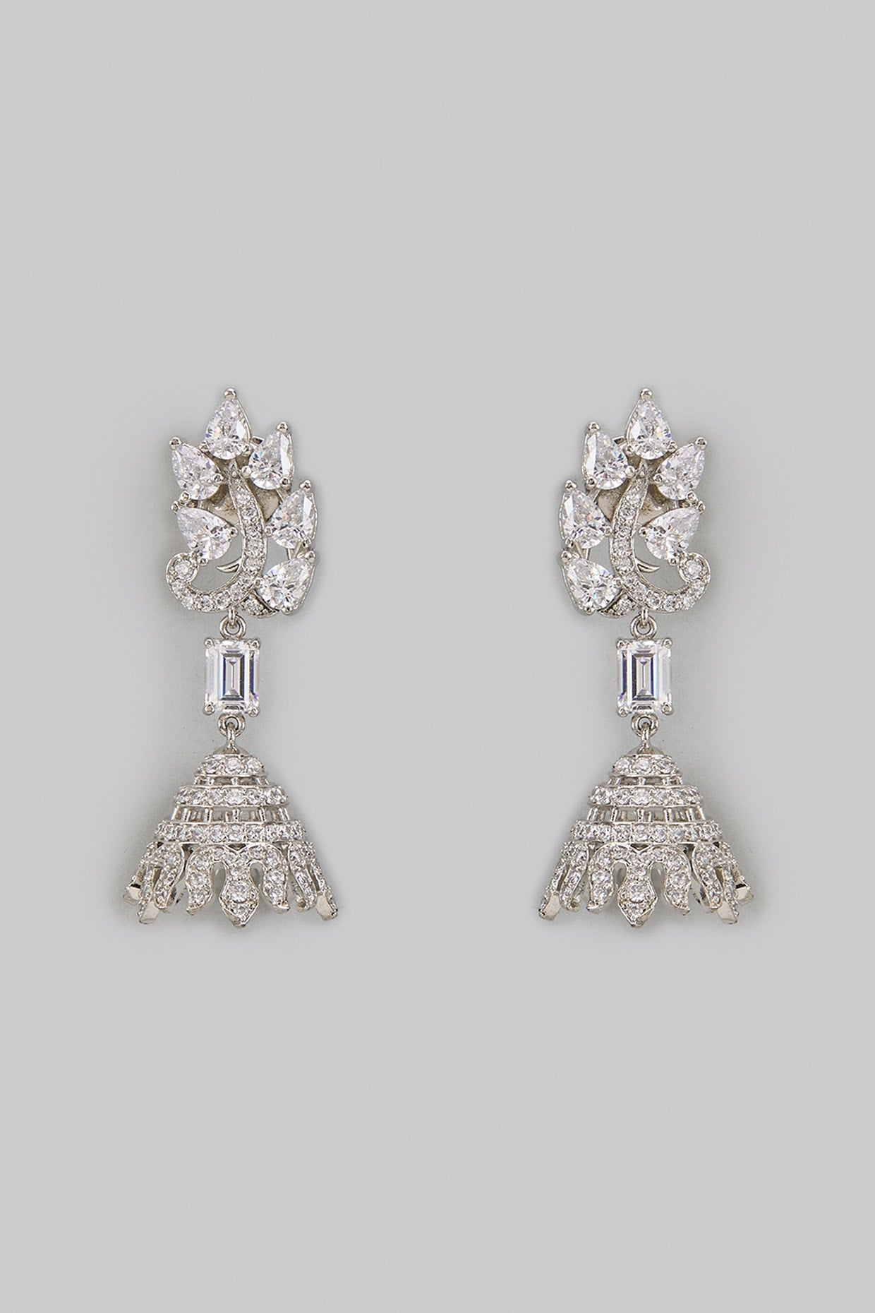 White Rhodium Finish Zircon Jhumka Earrings In Sterling Silver