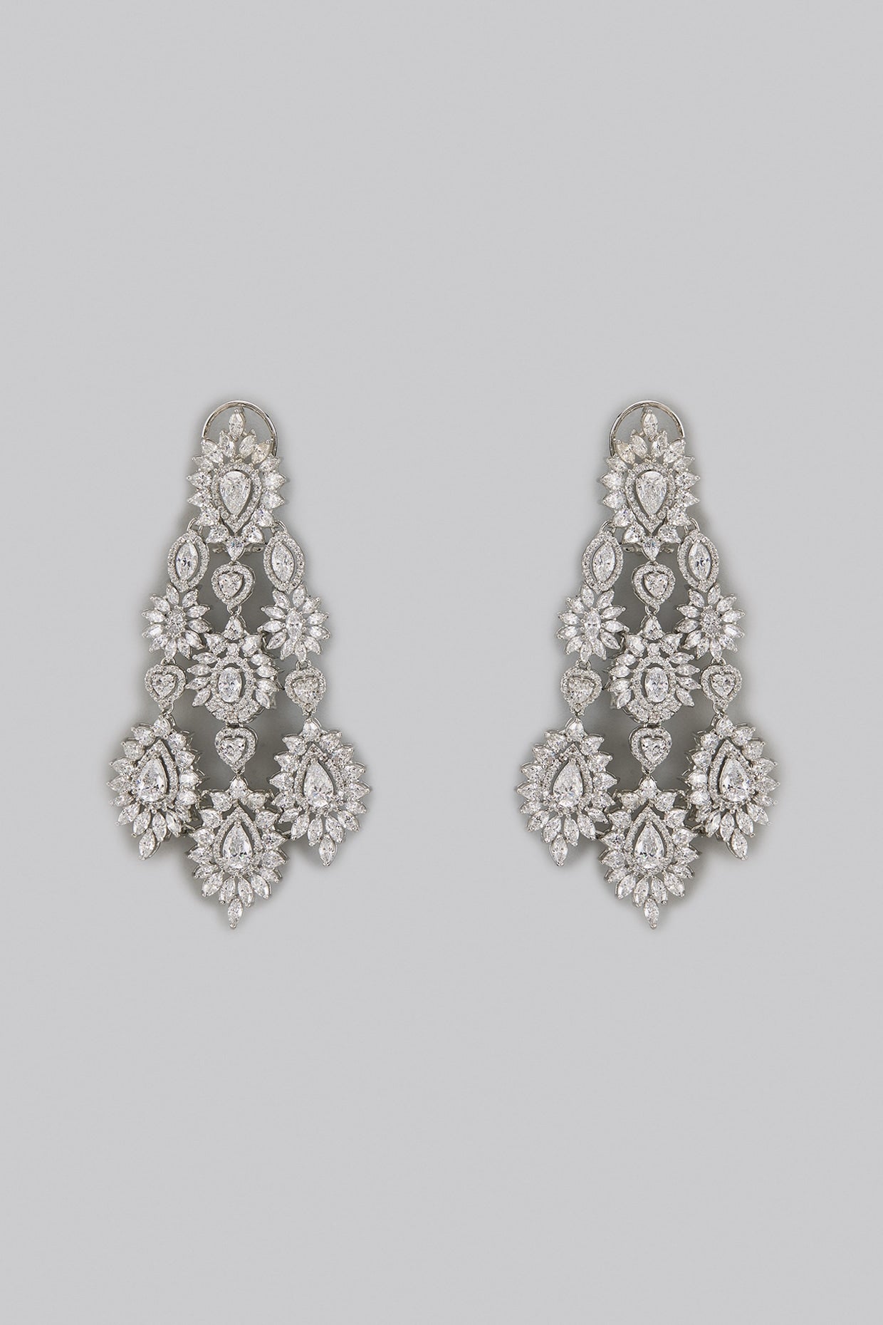 White Rhodium Finish Zircon Long Earrings In Sterling Silver