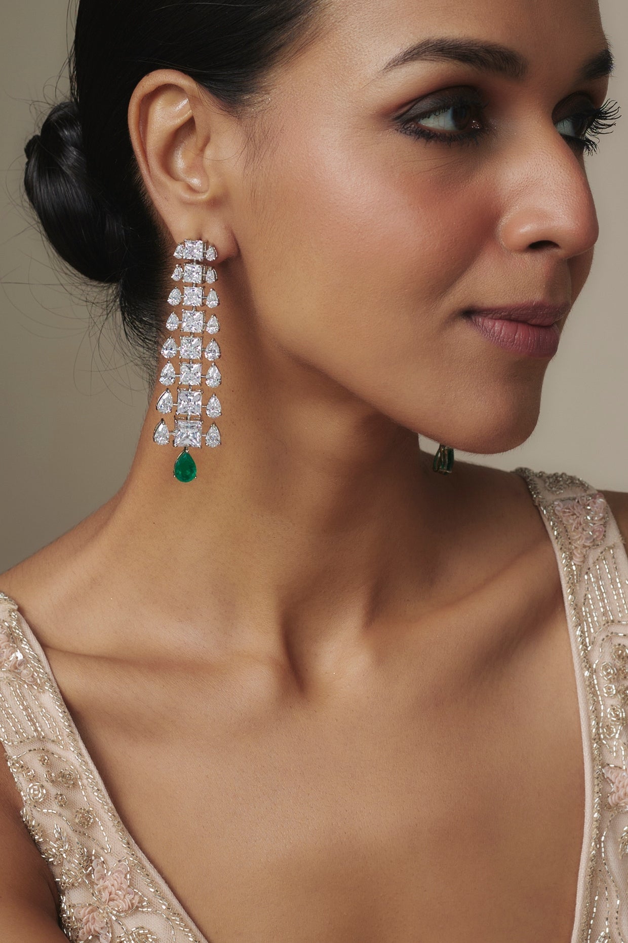 White Rhodium Finish Emerald Synthetic Stone Dangler Earrings In Sterling Silver